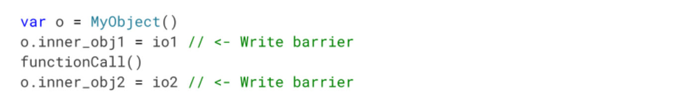 Example showing that we can't eliminate redundant write barriers because a GC may happen between set instructions