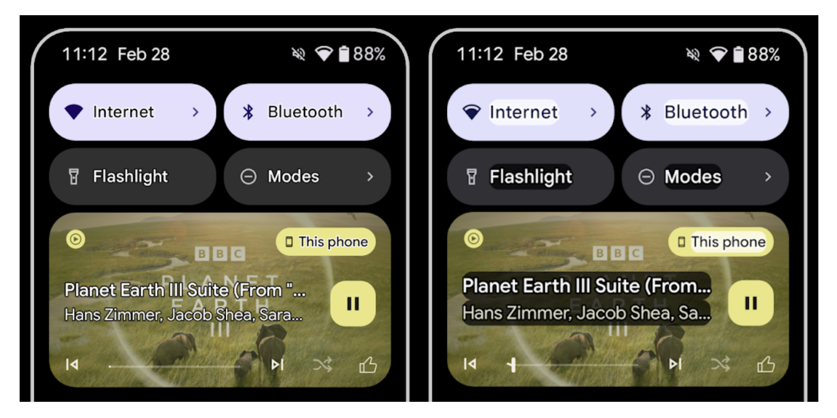 side-by-side screenshots of a Pixel device showing text with enhanced contrast before and after Android 16's new outline text accessbility feature