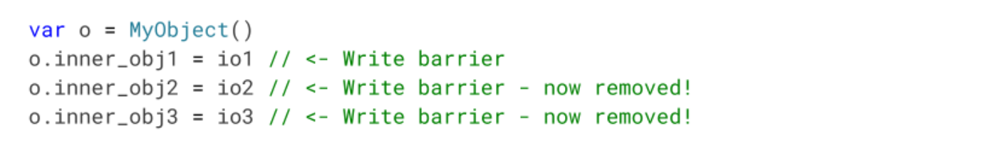 Example showing that we can eliminate redundant write barriers if there a GC cannot happen between  set instructions