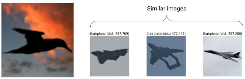 Spiegazione basata su esempi che mostra un&#39;immagine classificata in modo errato di un uccello in silhouette e immagini simili di aerei in silhouette dai dati di addestramento.