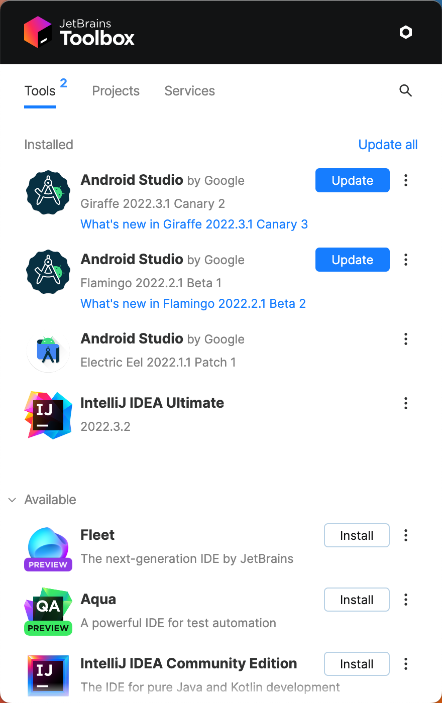Jetbrains Toolbox z informacją o dostępnych aktualizacjach