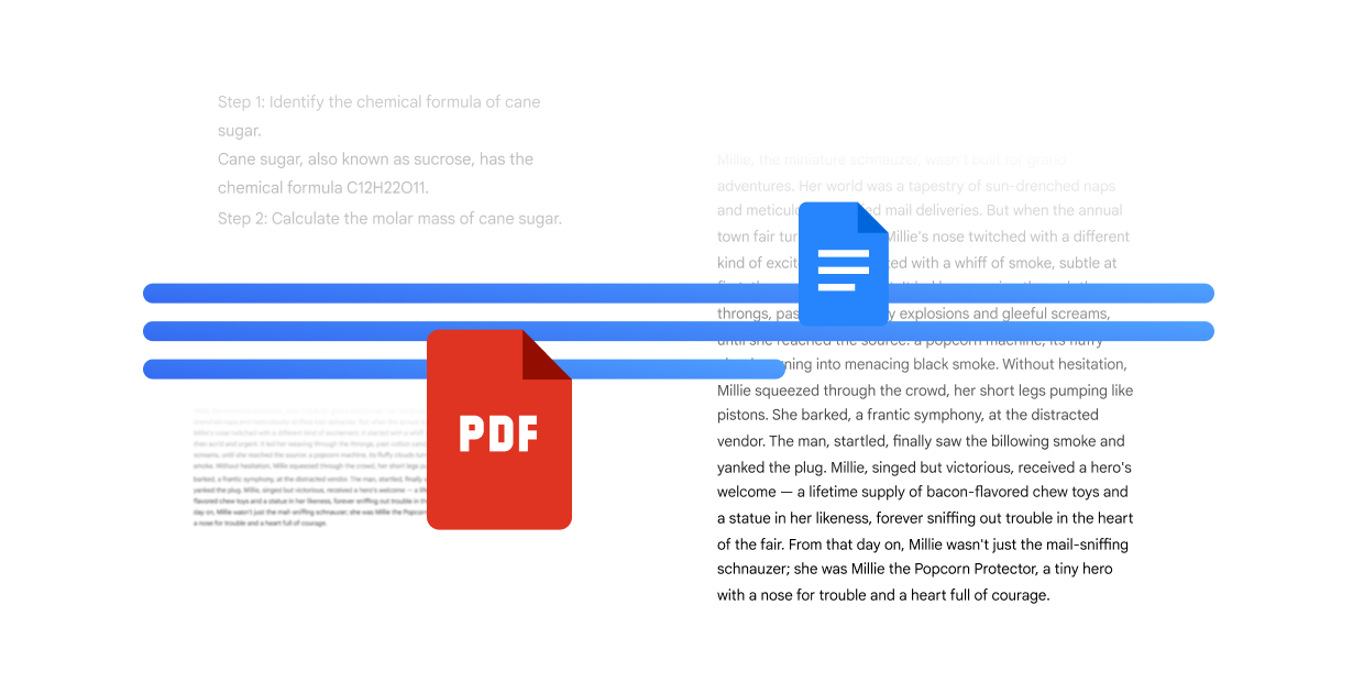 Visual showing text being extracted from a PDF into a Google Doc.