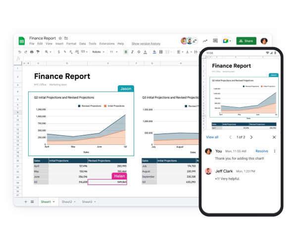 Hoja de cálculo de Google llamada Finance Report que se muestra en un portátil y en la pantalla de un móvil. 