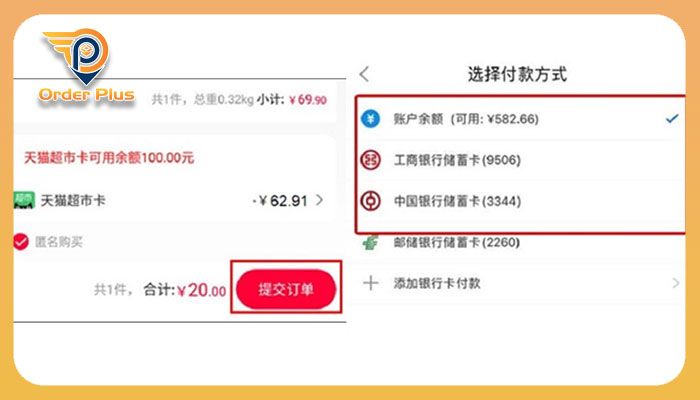 Thanh toán bằng tài khoản Alipay hoặc thẻ thanh toán quốc tế