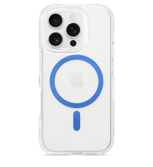 The Tech21 FlexQuartz Case for iPhone 16 Pro, transparent with color accents, raised edge around the camera, blue MagSafe ring